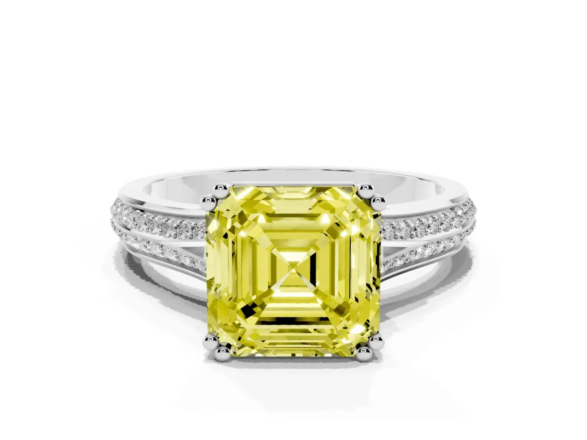 Fancy Yellow Asscher Cut Diamond Split Shank Engagement Ring with Pavé Band Silver