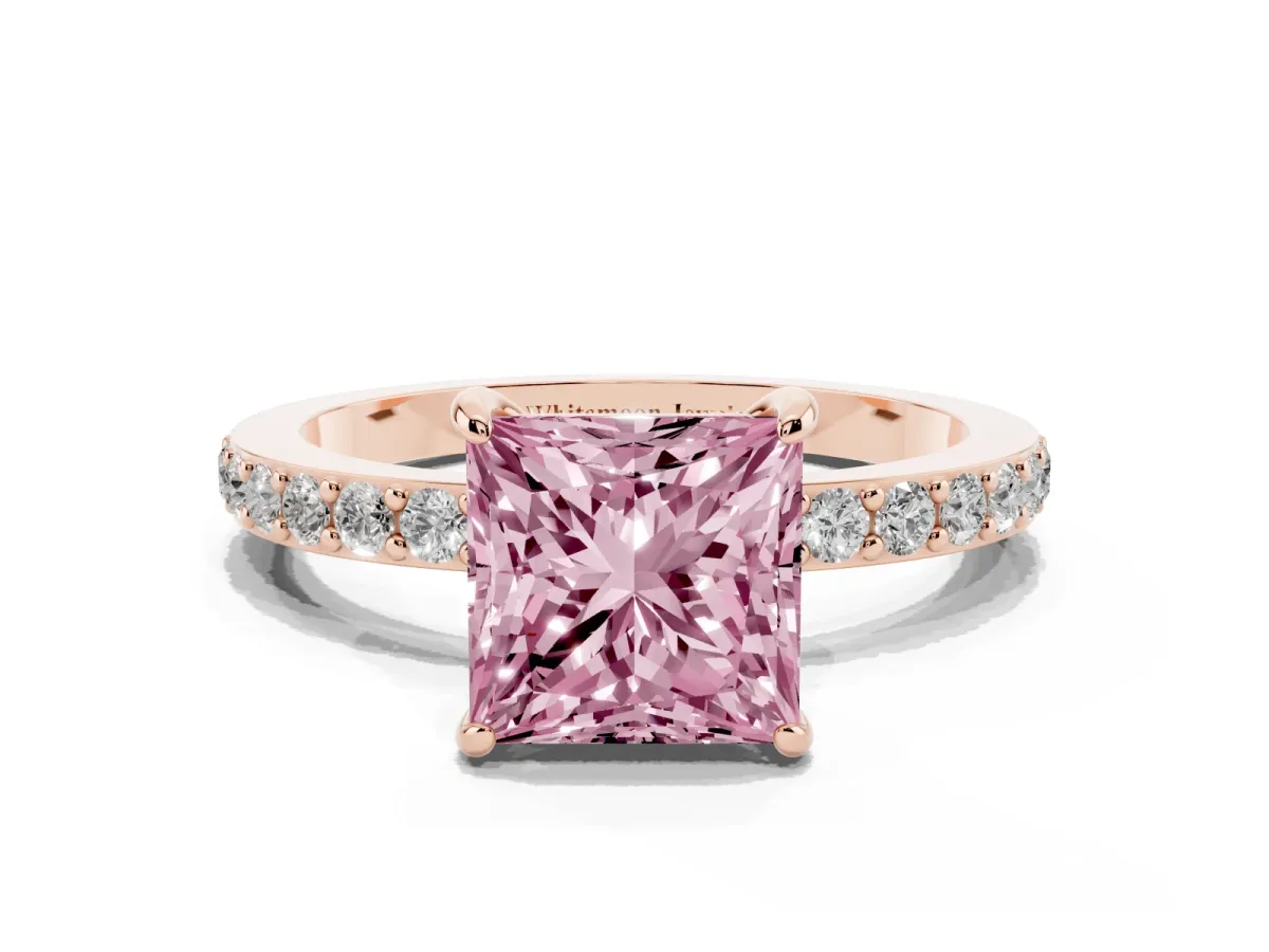 Fancy Pink Princess Cut Diamond Pavé Engagement Ring with Round Accents and Prong Setting Rose gold