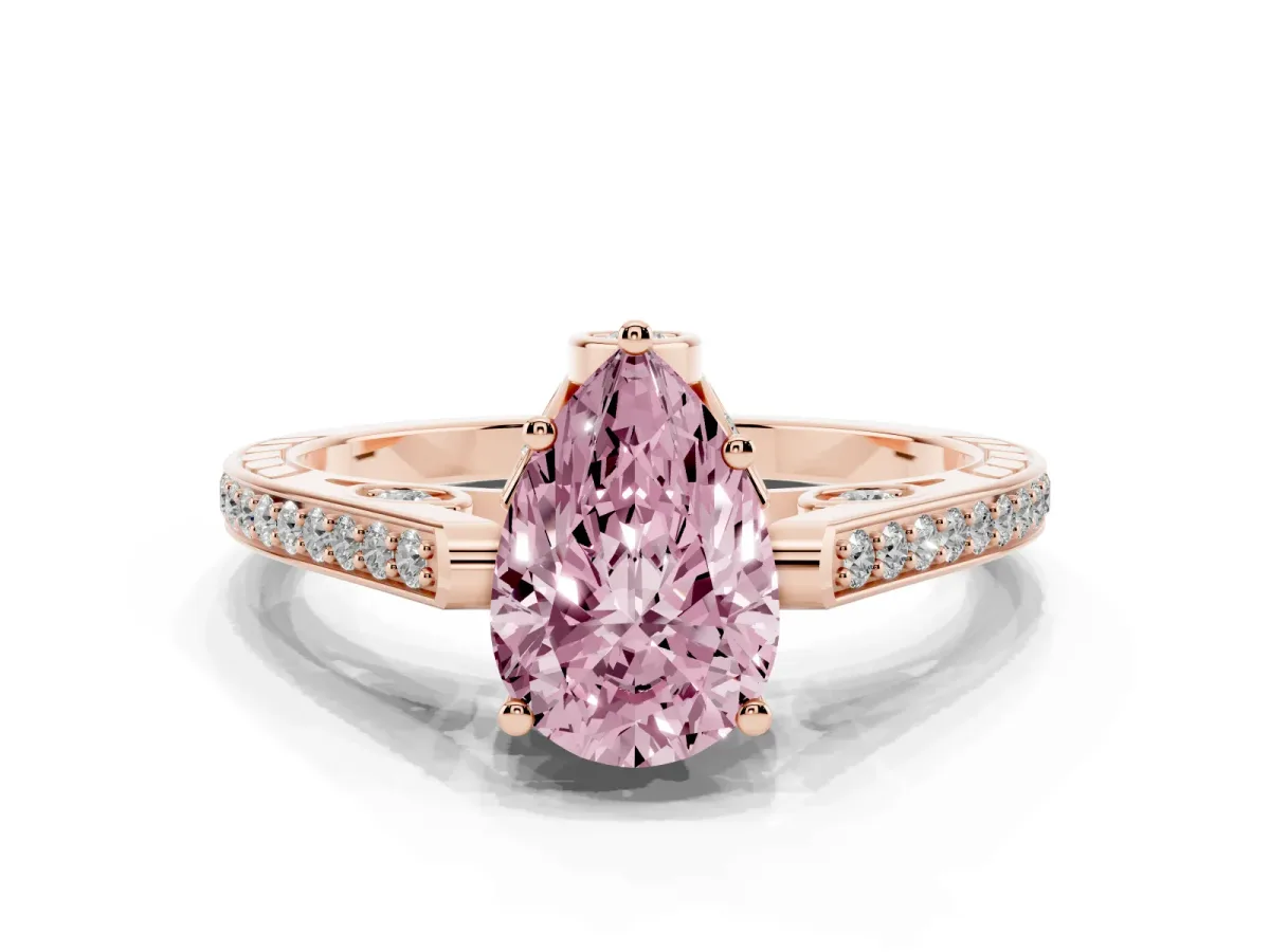 Fancy Pink Pear Cut Cut Cathedral Pave Diamond Engagement Ring with Six-Prong Setting Rose gold