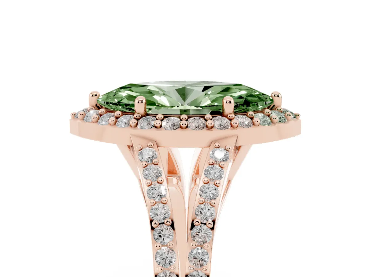 Fancy Green Marquise Cut Halo Split Shank Pave Diamond Ring with Four-Prong Setting Rose gold