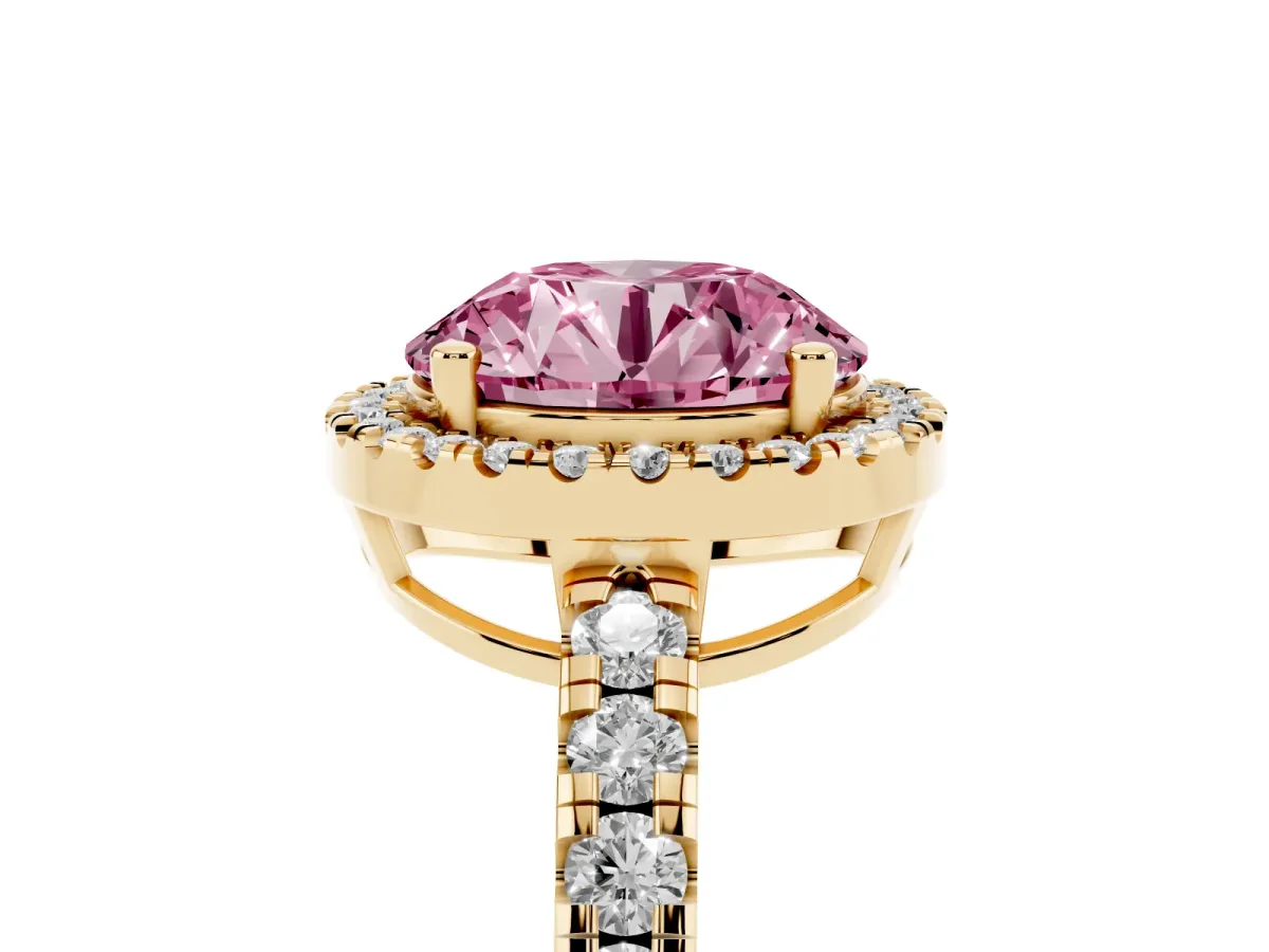 Fancy Pink Round Cut Diamond Halo Ring with Pavé Band and Four-Prong Setting Yellow gold