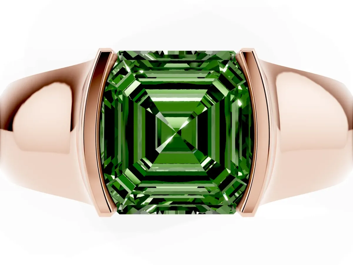 Fancy Green Asscher Cut Solitaire Bezel Set Diamond Ring with Wide Band Rose gold