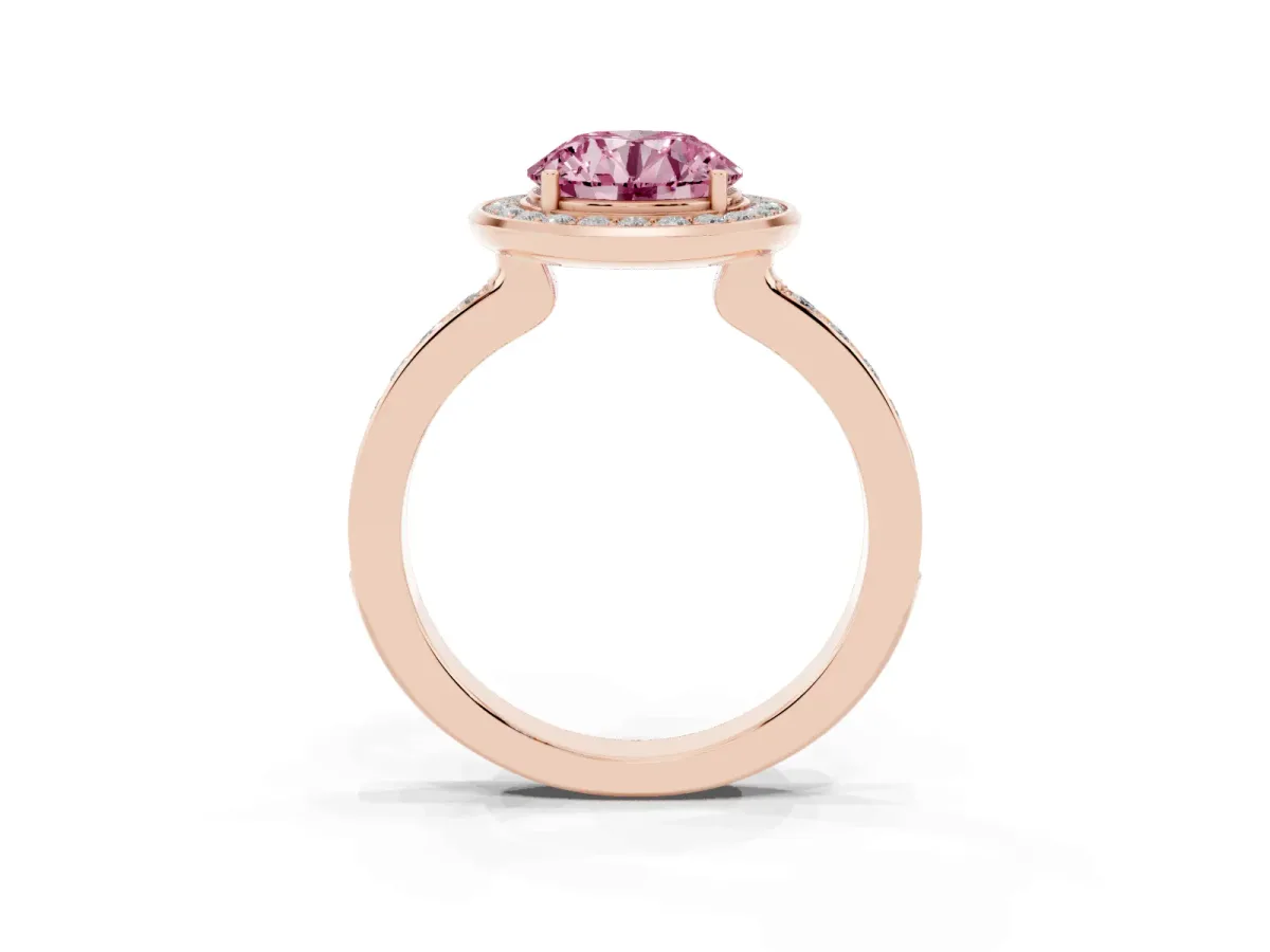Fancy Pink Round Cut Diamond Halo Ring with Bezel Frame and Pavé Band Rose gold