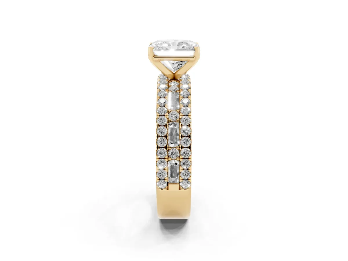 Radiant Cut Diamond Solitaire Ring with Pavé and Channel Set Band Yellow gold