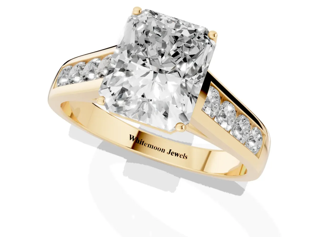 Radiant Cut Solitaire Channel-Set Diamond Engagement Ring with Four-Prong Setting Yellow gold