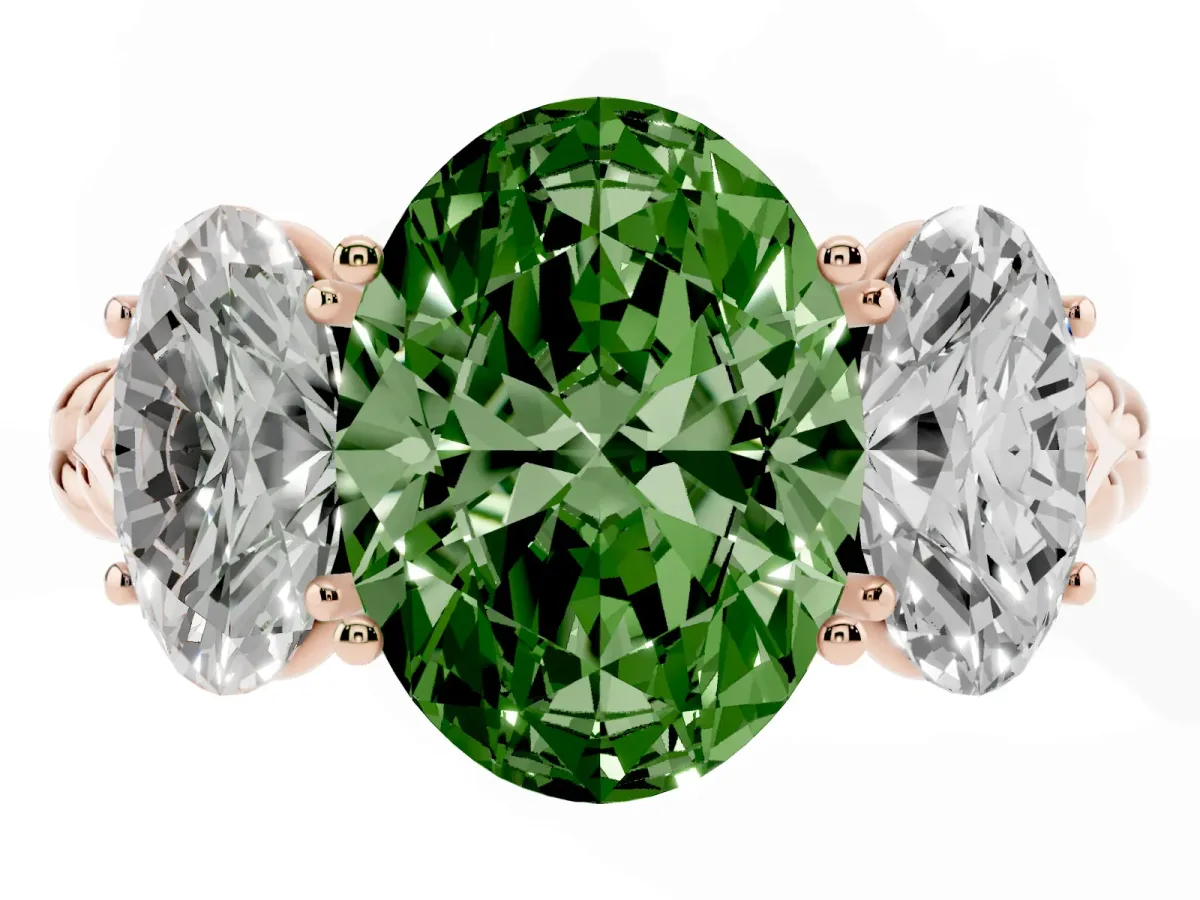 Fancy Green Three-Stone Oval Cut Diamond Braided Band Ring with Four-Prong Setting Rose gold