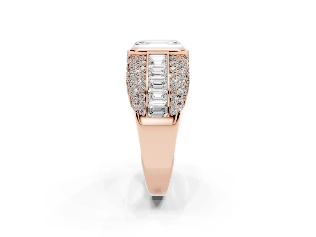 Emerald Cut Diamond Mens Ring with Side Stones Rose gold