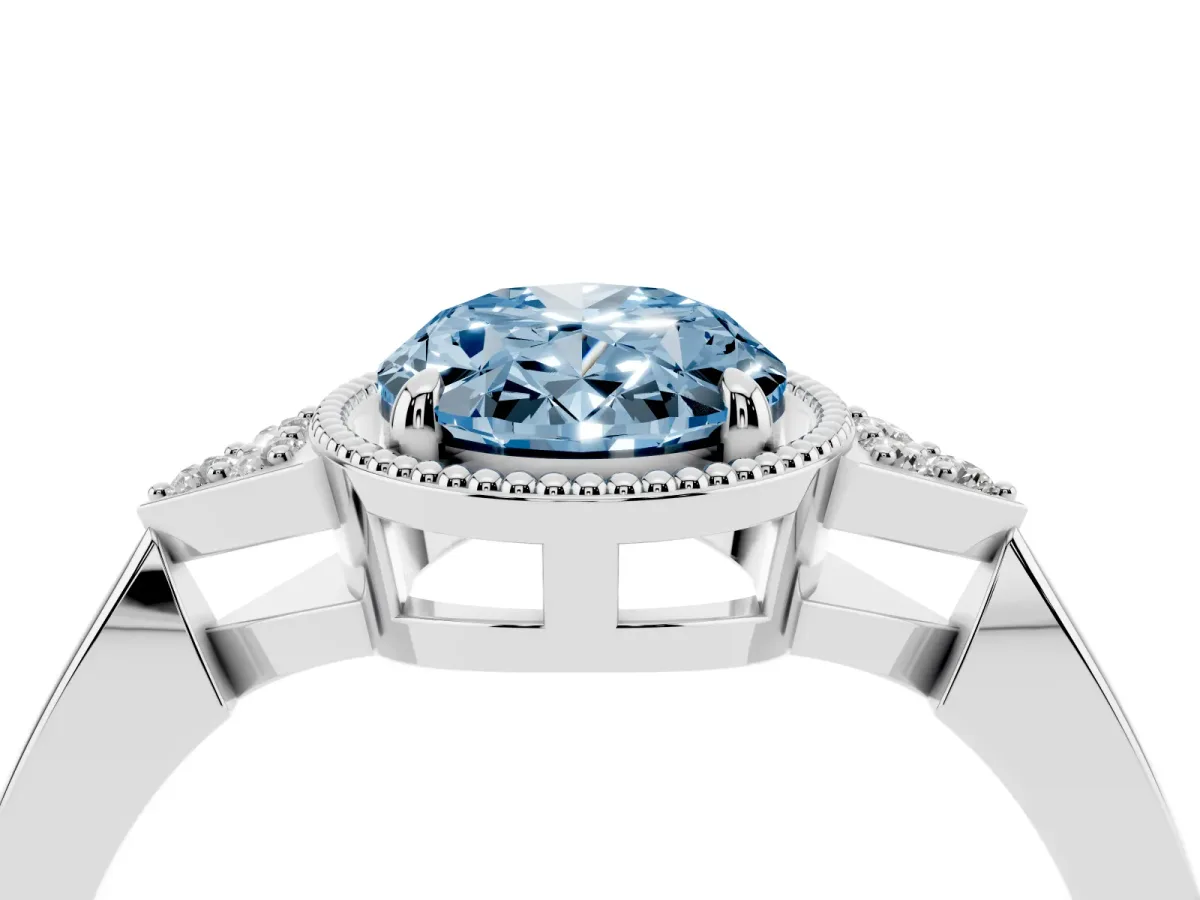 Fancy Blue Oval Cut Diamond Halo Ring with Tapered Band and Four-Prong Setting Platinum
