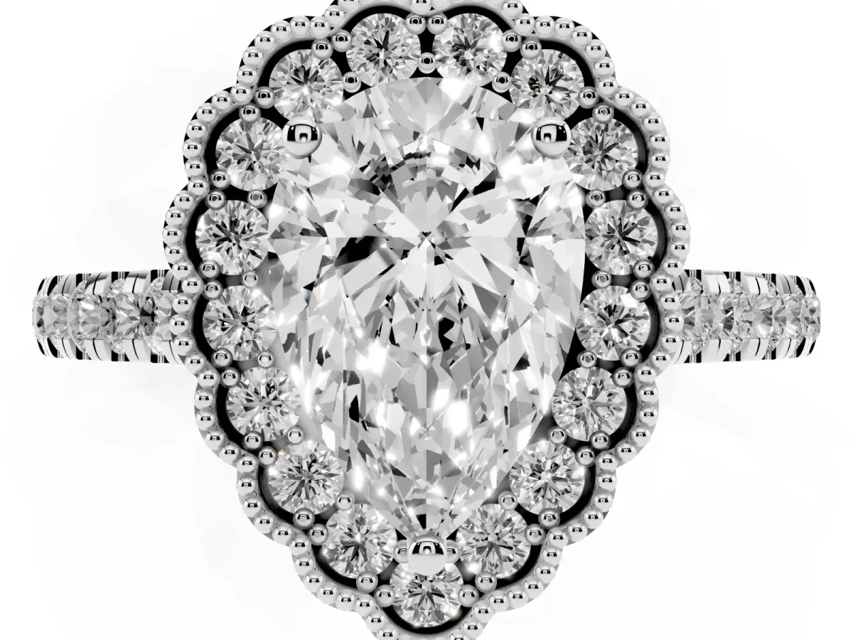 Pear Cut Cut Diamond Milgrain Floral Halo Engagement Ring with Pavé Band Silver
