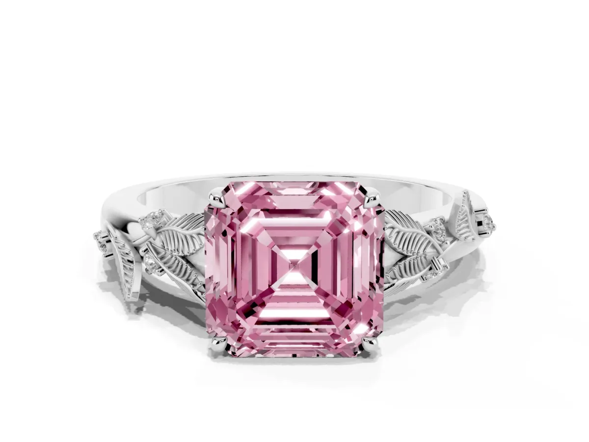 Fancy Pink Asscher Cut Diamond Solitaire Ring with Leaf Motif Band and Four-Prong Setting Platinum