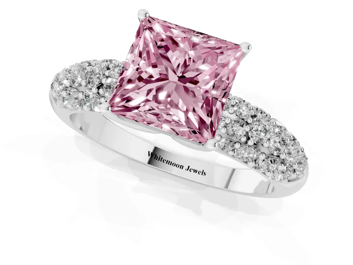 Fancy Pink Princess Cut Diamond Pavé Band Solitaire Ring with Four-Prong Setting Silver