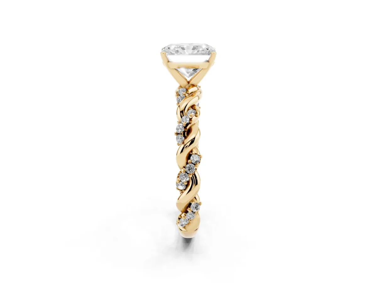 Radiant Cut Diamond Solitaire Ring with Twisted Band and Pavé Accents Yellow gold