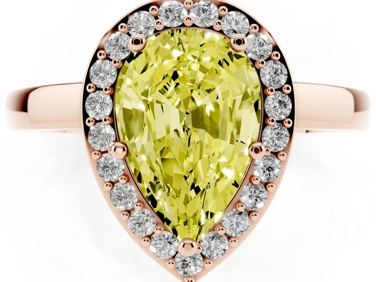 Fancy Yellow Pear Cut Halo Diamond Ring with Solitaire Band and Prong Setting Rose gold
