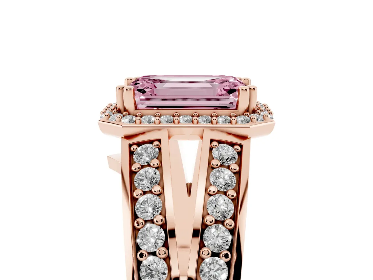 Fancy Pink Emerald Cut Diamond Halo Ring with Split Shank Pavé Band and Four-Prong Setting Rose gold