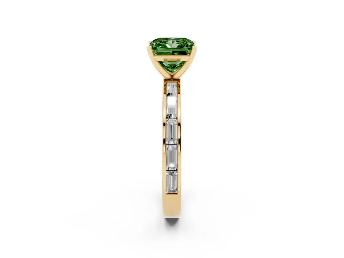 Fancy Green Princess Cut Solitaire Diamond Ring with Channel-Set Baguette Band and Four-Prong Setting Yellow gold