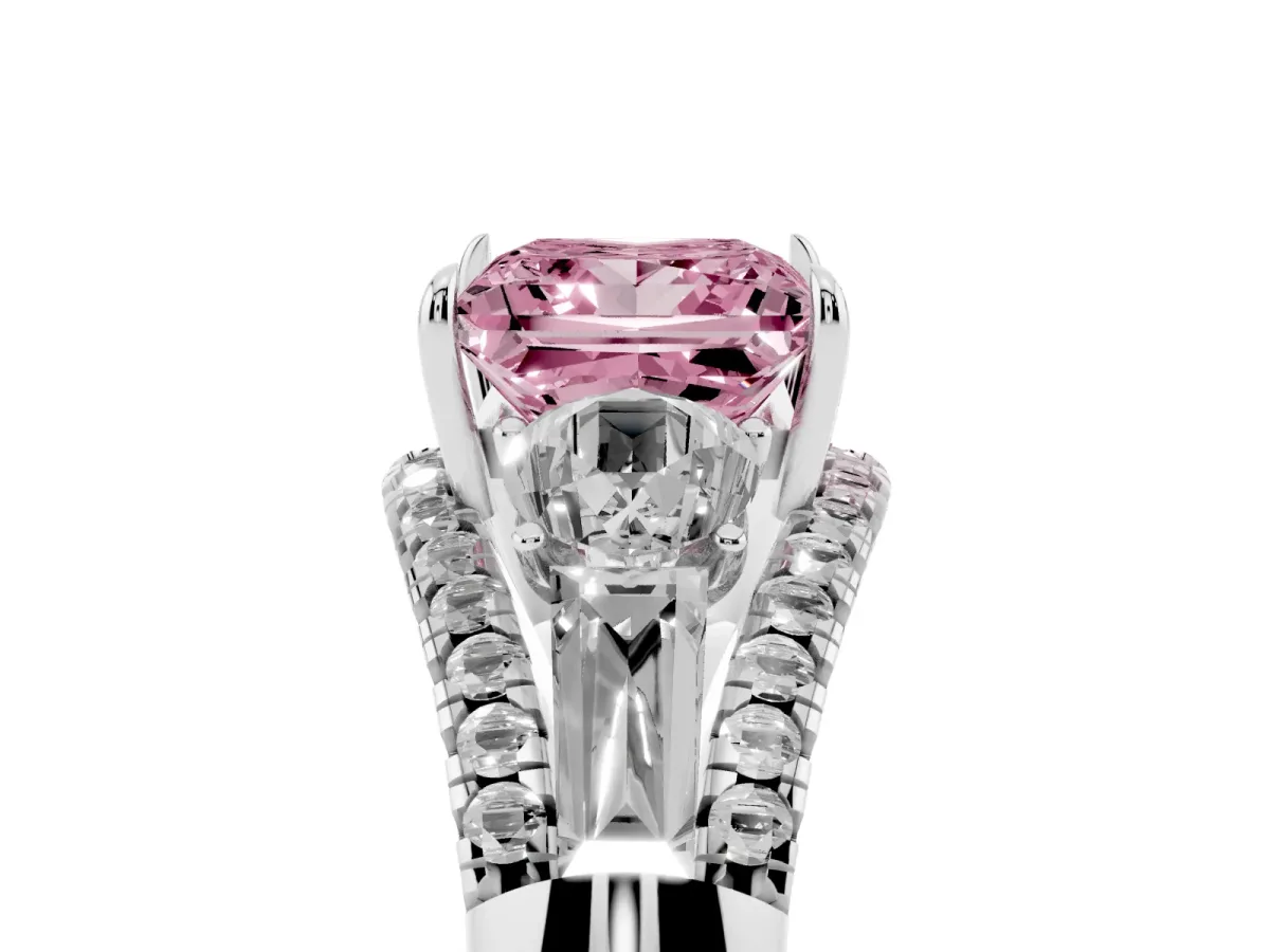 Fancy Pink Three-Stone Princess Cut Diamond Engagement Ring with Pave Band and Prong Setting Silver