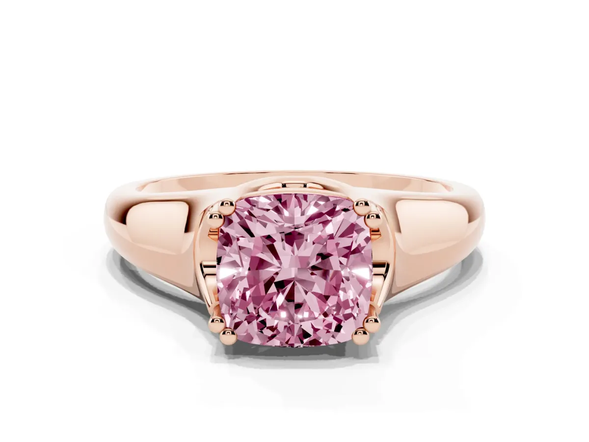 Fancy Pink Cushion Cut Diamond Solitaire Ring with Wide Band and Prong Setting Rose gold