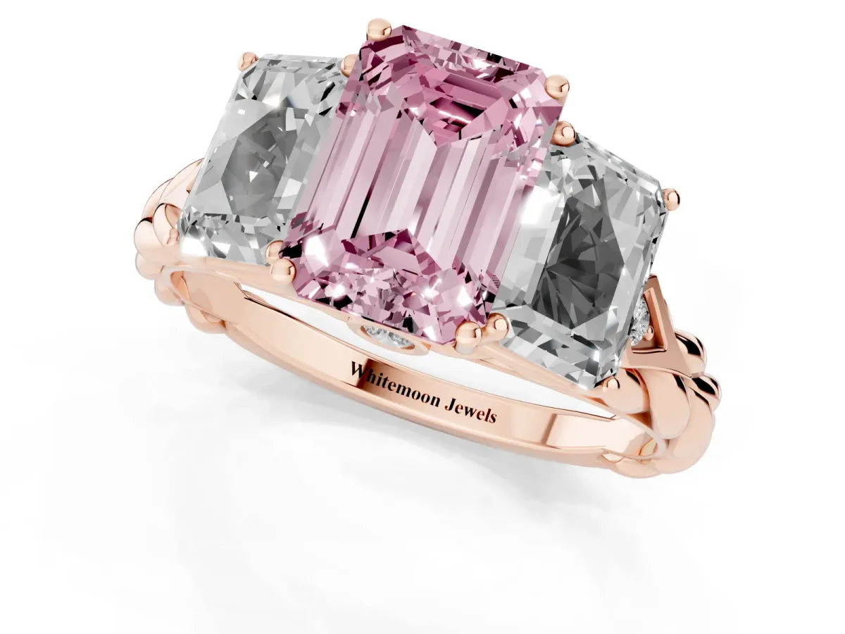 Fancy Pink Three-Stone Emerald Cut Diamond Braided Band Ring with Four-Prong Setting Rose gold