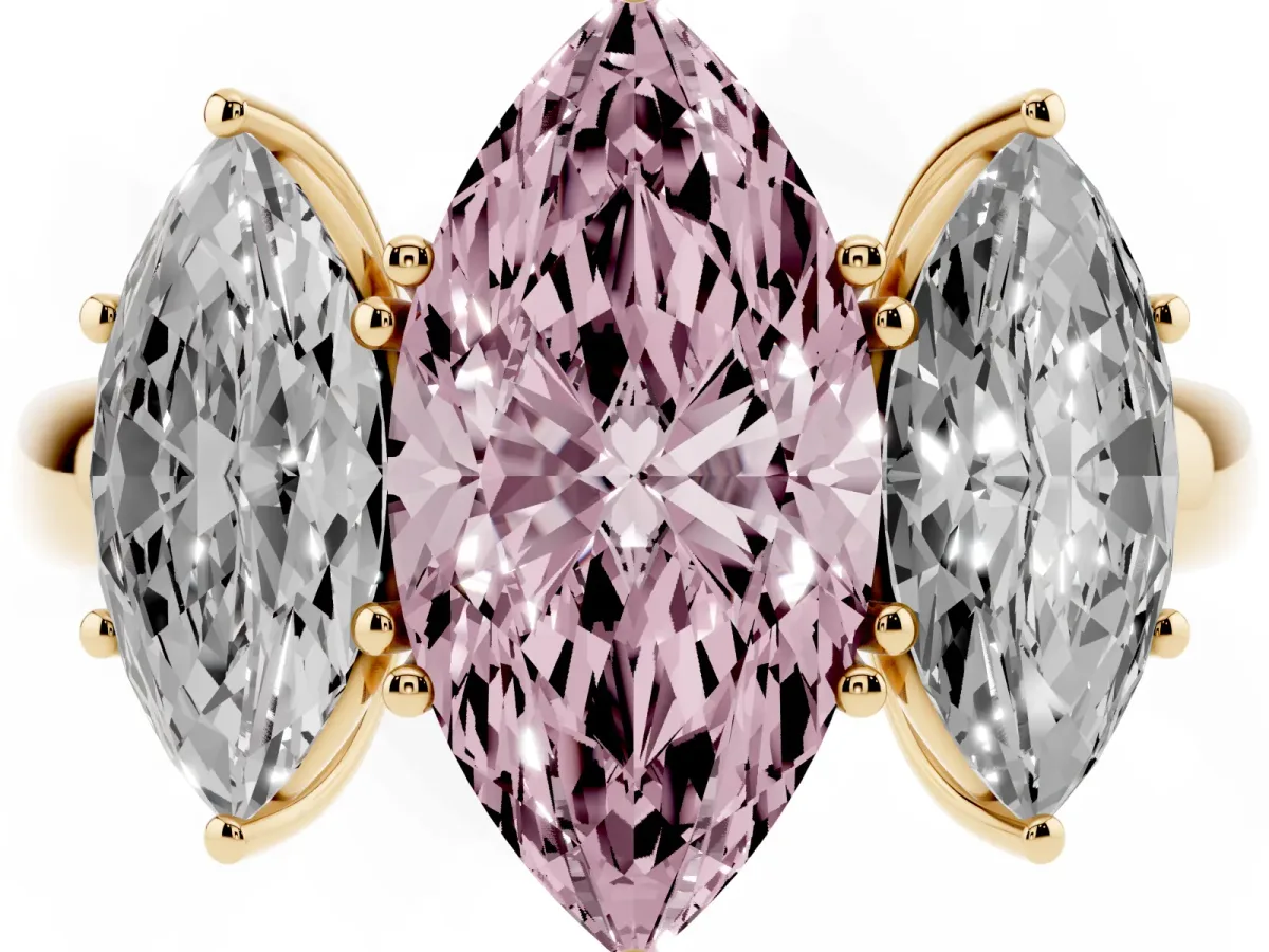 Fancy Pink Marquise Cut Diamond Three-Stone Ring with Four-Prong Setting and Classic Band Yellow gold