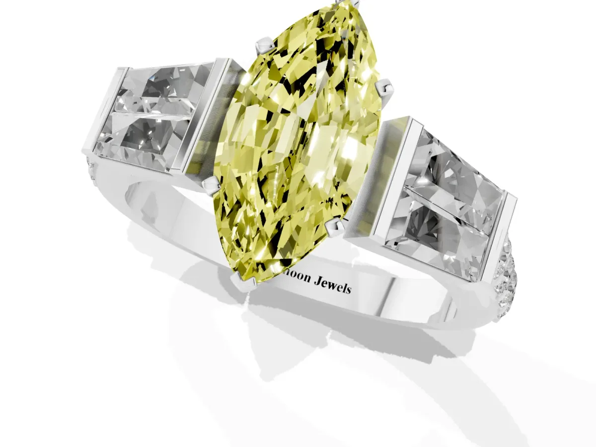 Fancy Yellow Marquise Cut Diamond Engagement Ring with Baguette Side Stones and Channel Set Band Silver