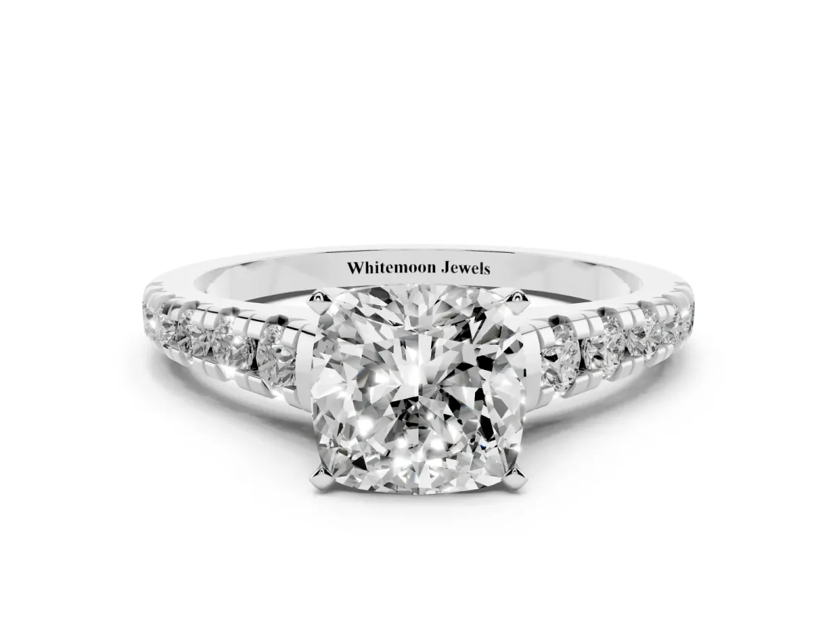 Cushion Cut Diamond Cathedral Solitaire Ring with Round Pavé Band Platinum