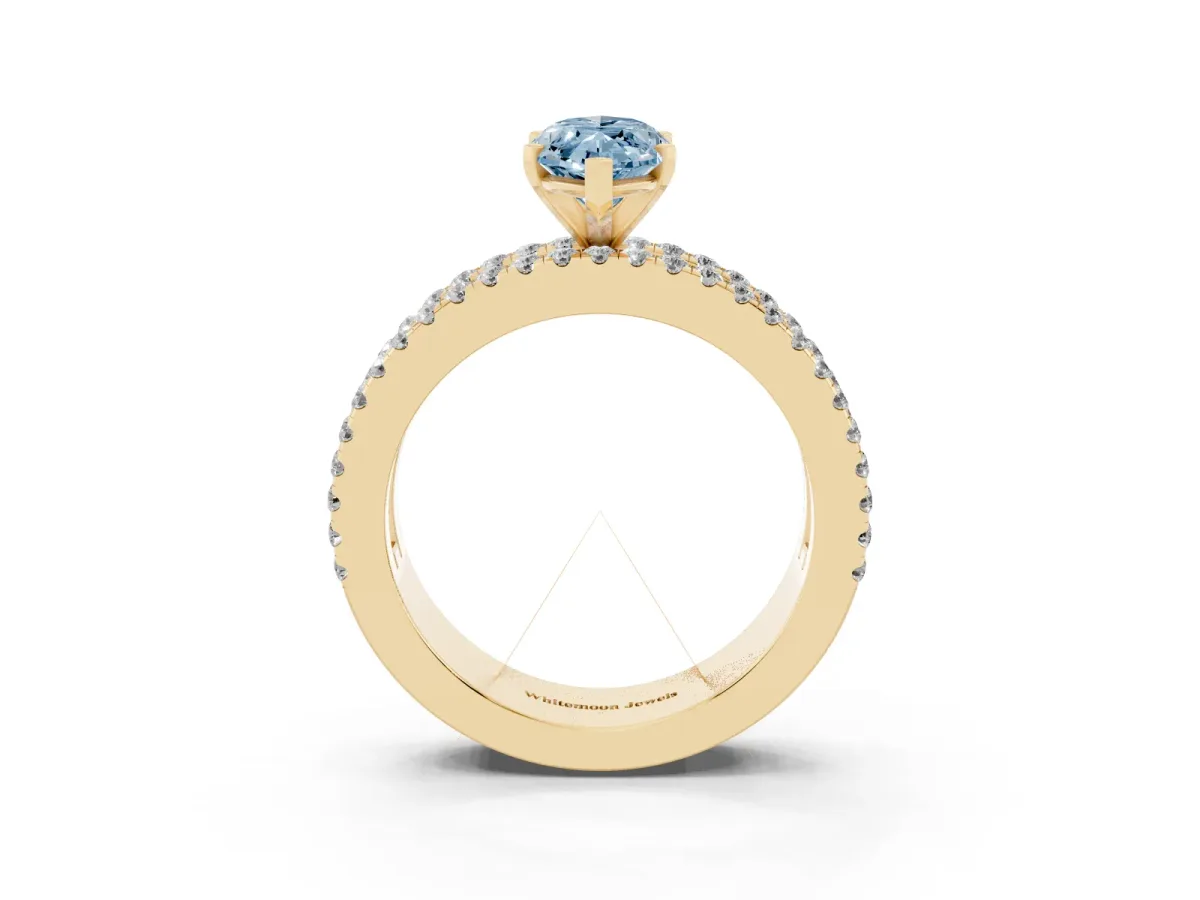 Fancy Blue Marquise Cut Diamond Solitaire Ring with Pavé and Channel Set Band Yellow gold
