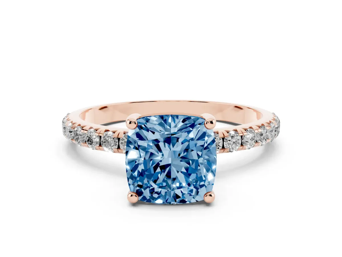 Fancy Blue Cushion Cut Cut Diamond Solitaire Ring with Micro Pave Band and Four Prong Setting Rose gold