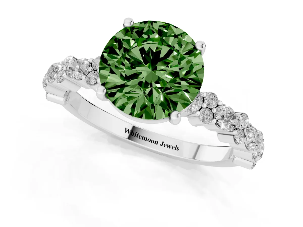 Fancy Green Round Cut Diamond Side Stone Solitaire Ring with Round and Four-Prong Setting Silver
