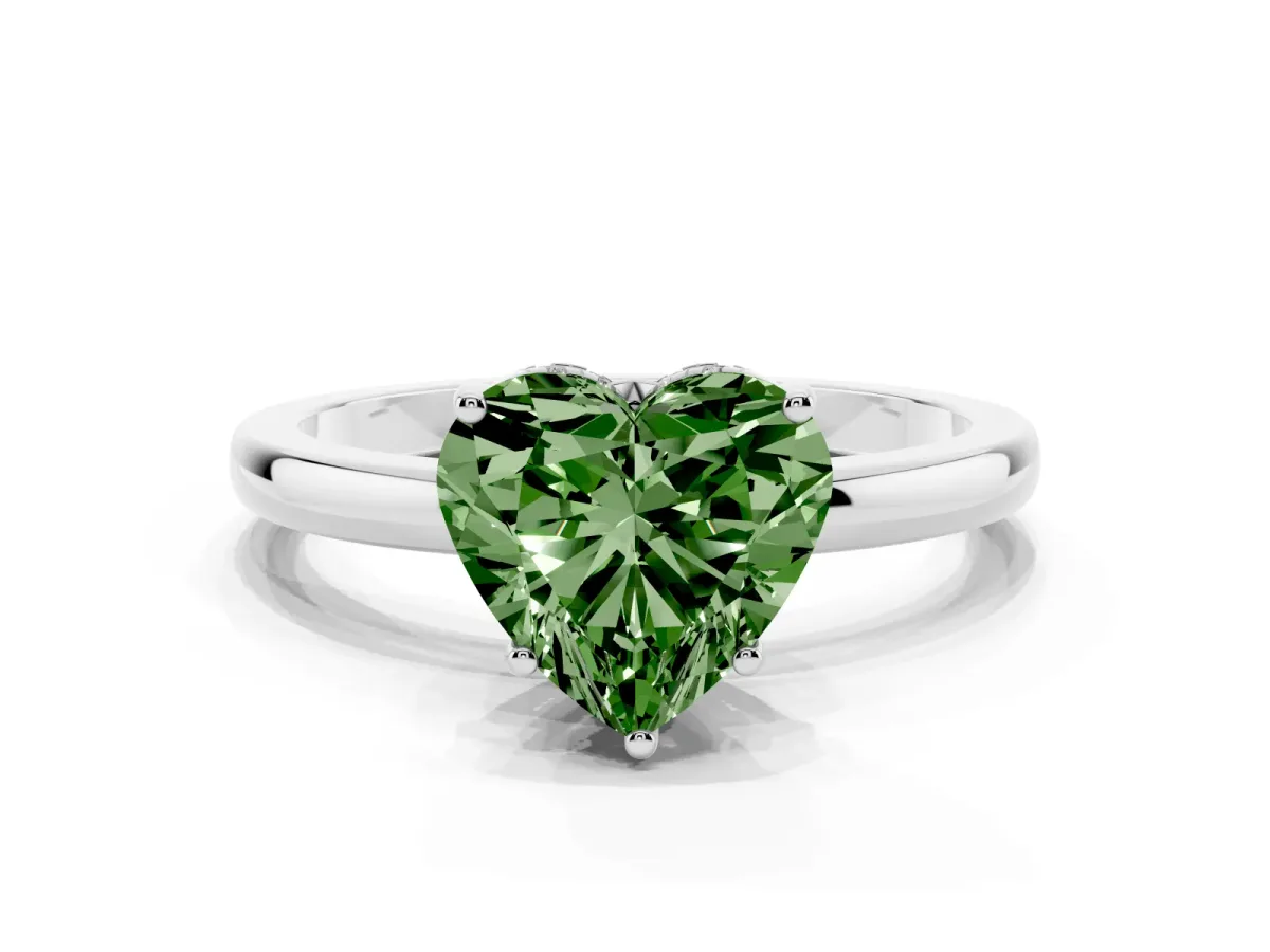 Fancy Green Heart Cut Solitaire Diamond Ring with Prong Setting and Plain Band White gold