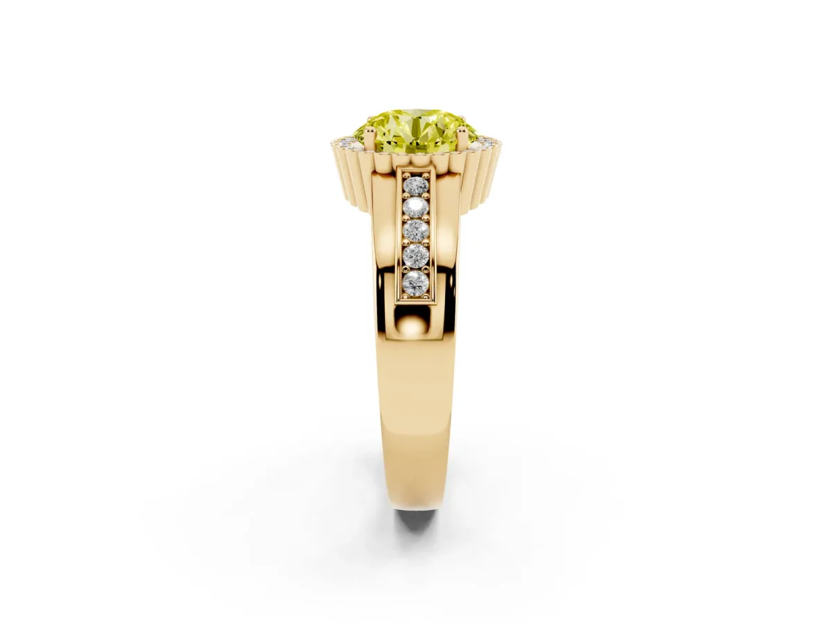 Fancy Yellow Round Cut Cut Halo Pave Band Four-Prong Ring Yellow gold