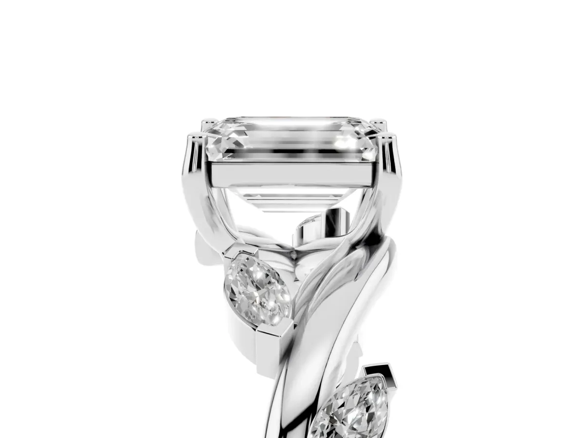 Emerald Cut Solitaire Twisted Band Marquise Accent Prong Setting Ring Silver