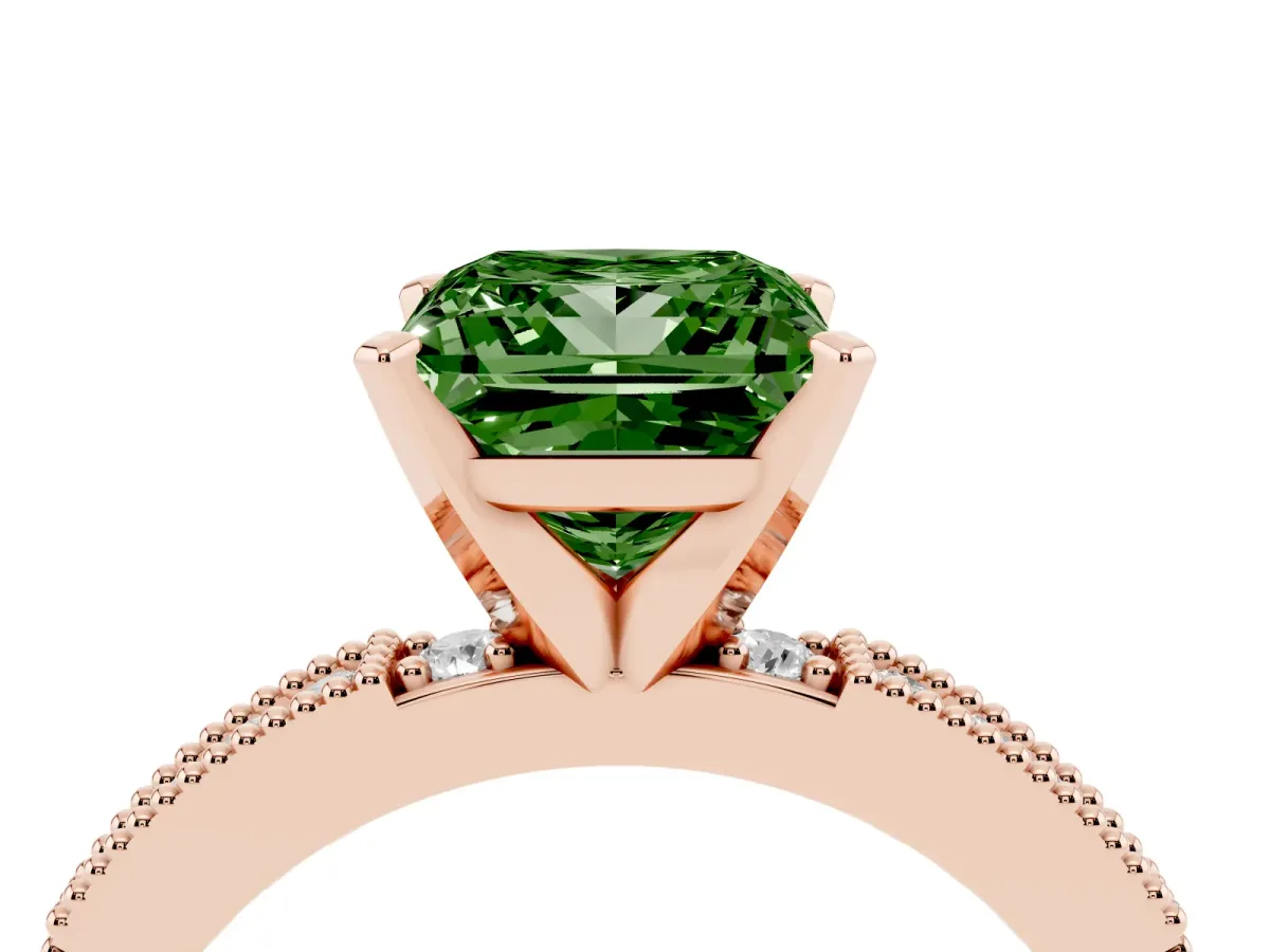 Fancy Green Princess Cut Solitaire with Pavé Band and Four-Prong Setting Rose gold