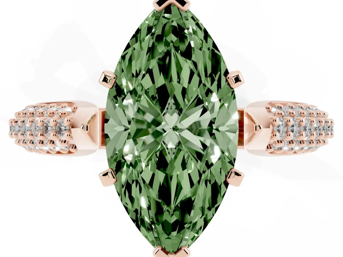 Fancy Green Marquise Cut Diamond Solitaire Engagement Ring with Multi-Row Round Pavé Band and Prong Setting Rose gold