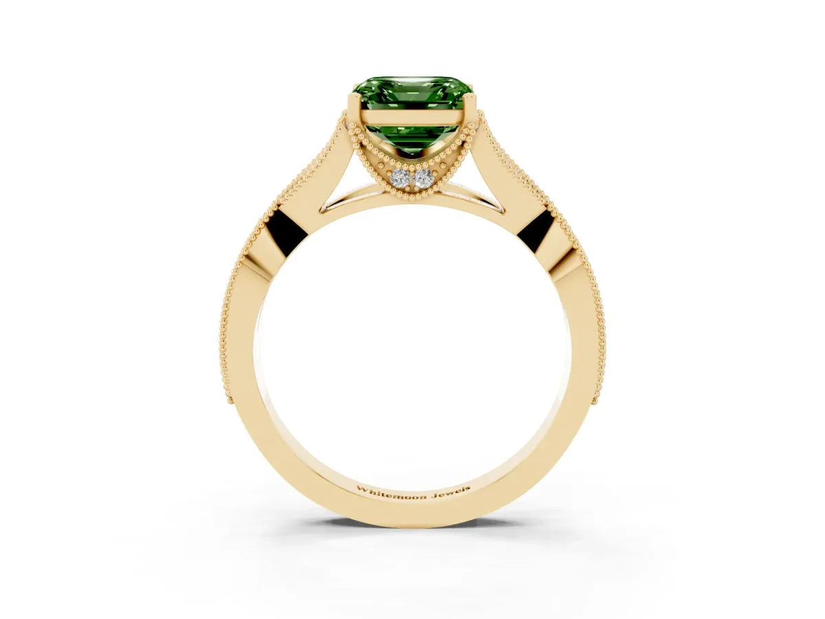 Fancy Green Asscher Cut Cut Diamond Twisted Band with Milgrain Pave Setting and Four-Prong Setting Yellow gold