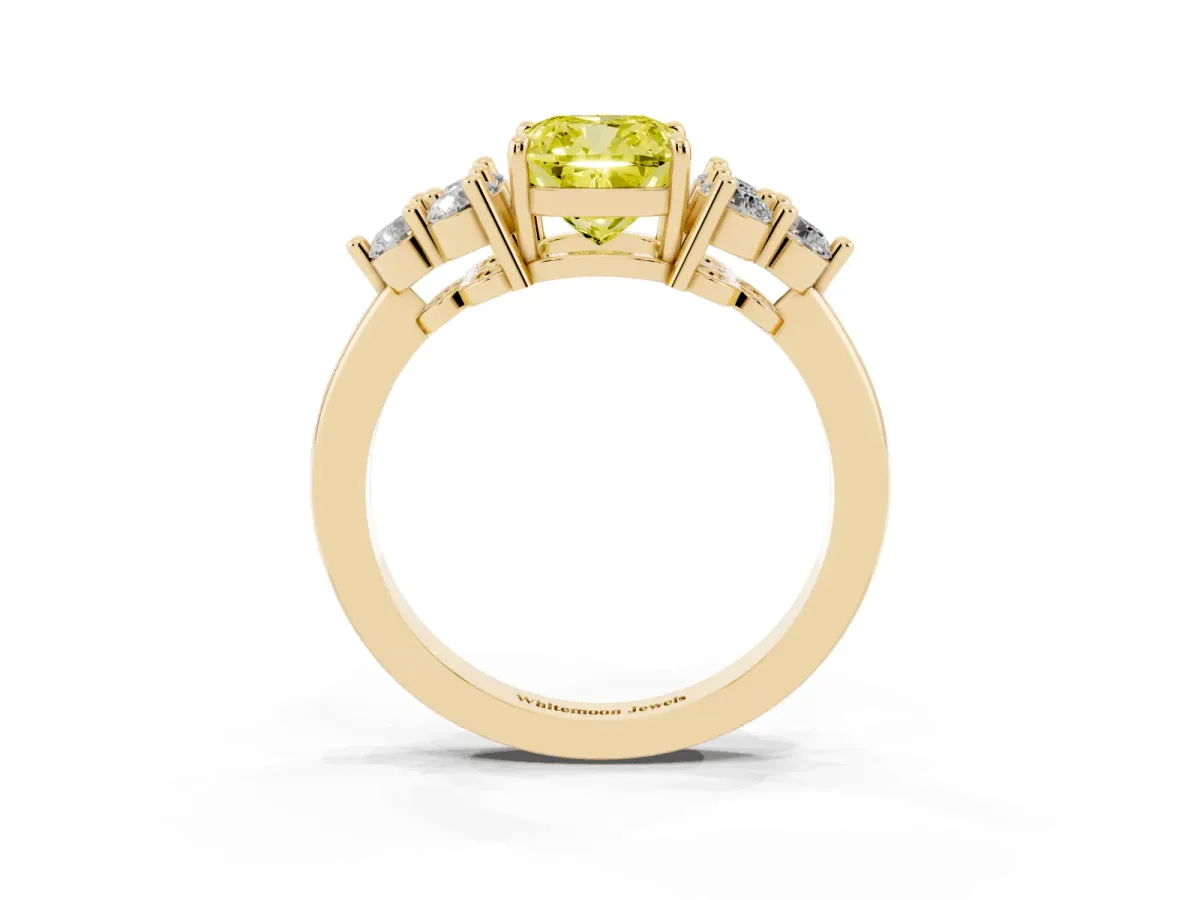 Fancy Yellow Cushion Cut Brilliant Diamond Cluster Accent Solitaire Ring with Prong Setting Yellow gold