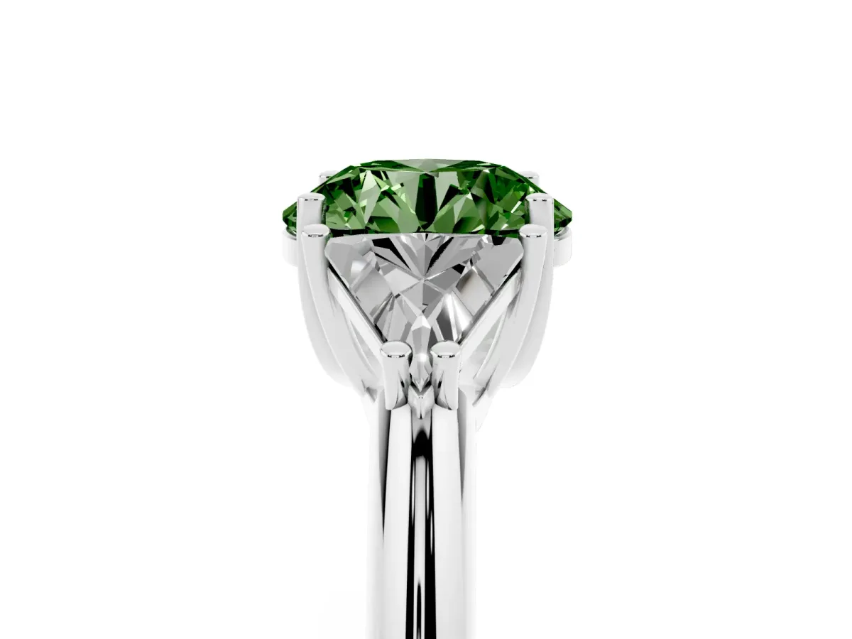 Fancy Green Three-Stone Round Cut Diamond Engagement Ring with Trillion Side Stones and Prong Setting Silver
