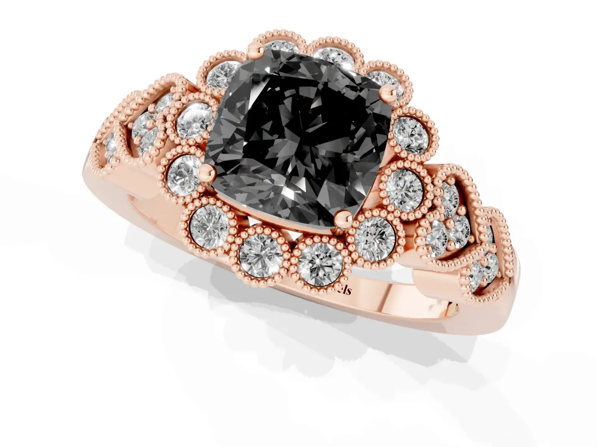 Fancy Black Cushion Cut Brilliant Milgrain Pave Heart Band Solitaire Ring Rose gold