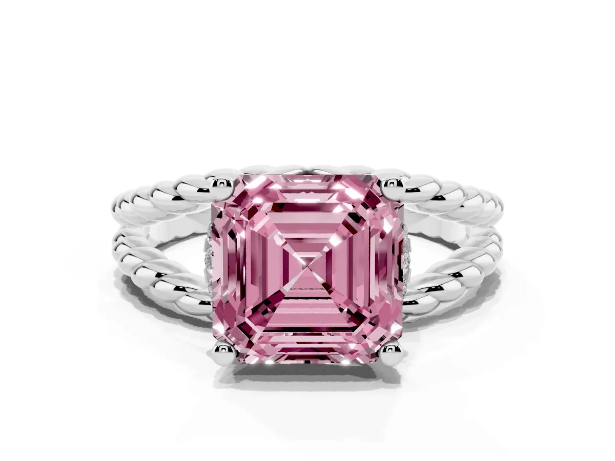 Fancy Pink Asscher Cut Halo Twisted Band Four-Prong Ring Silver