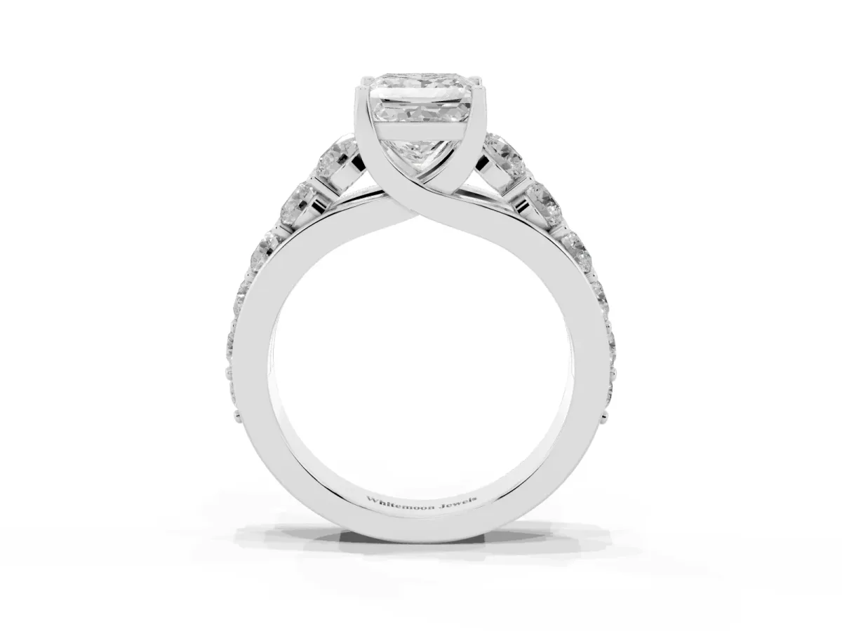 Princess Cut Diamond Engagement Ring with Pavé Band and Four-Prong Setting Platinum