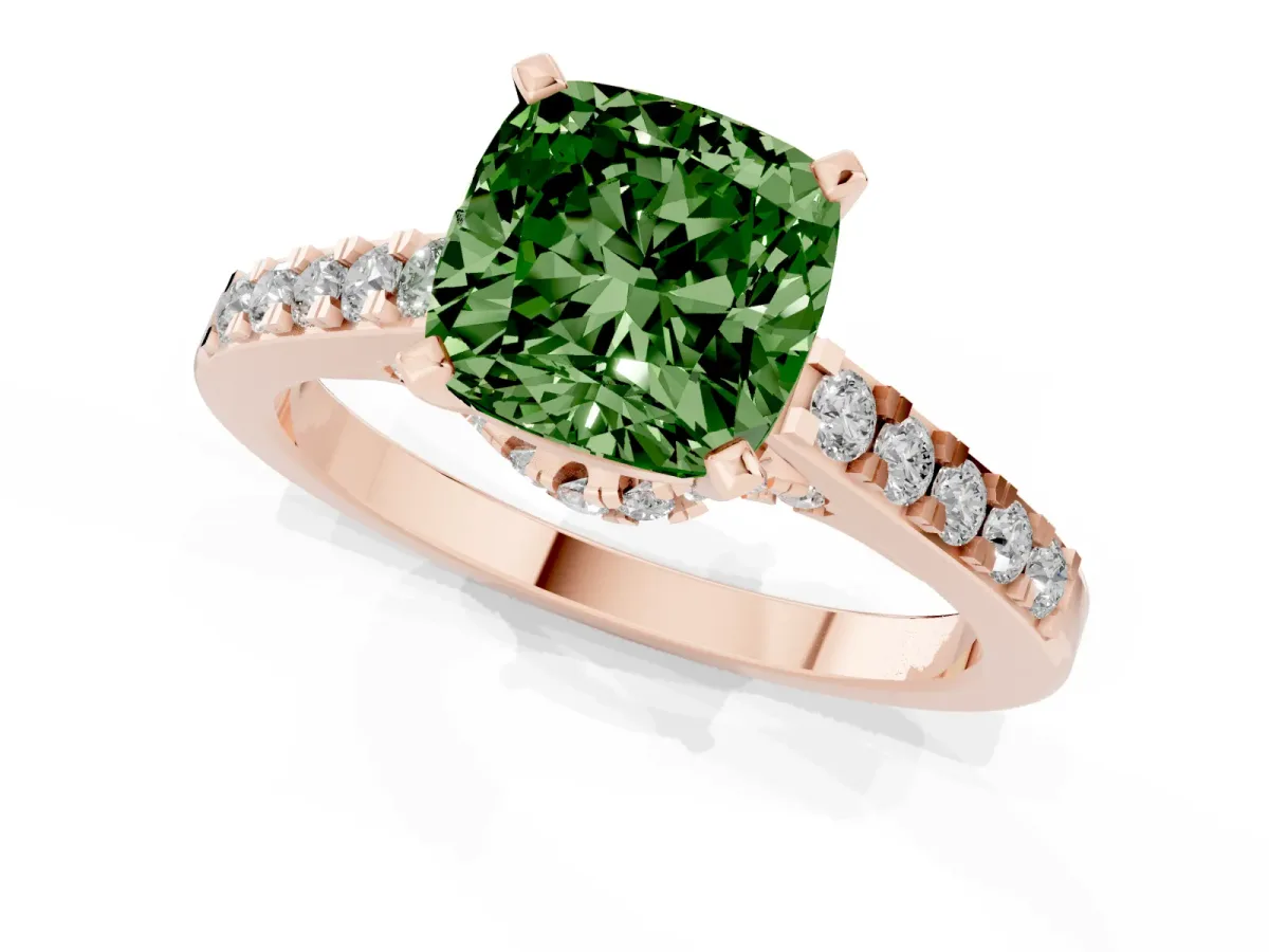 Fancy Green Cushion Cut Diamond Solitaire Ring with Crossover Gallery and Round Pavé Band Rose gold
