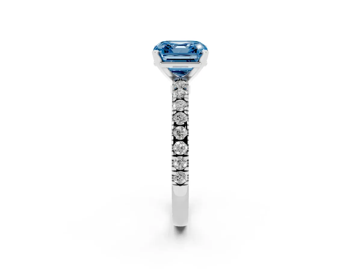 Fancy Blue Asscher Cut Solitaire Diamond with Pavé Band and Four-Prong Setting Silver