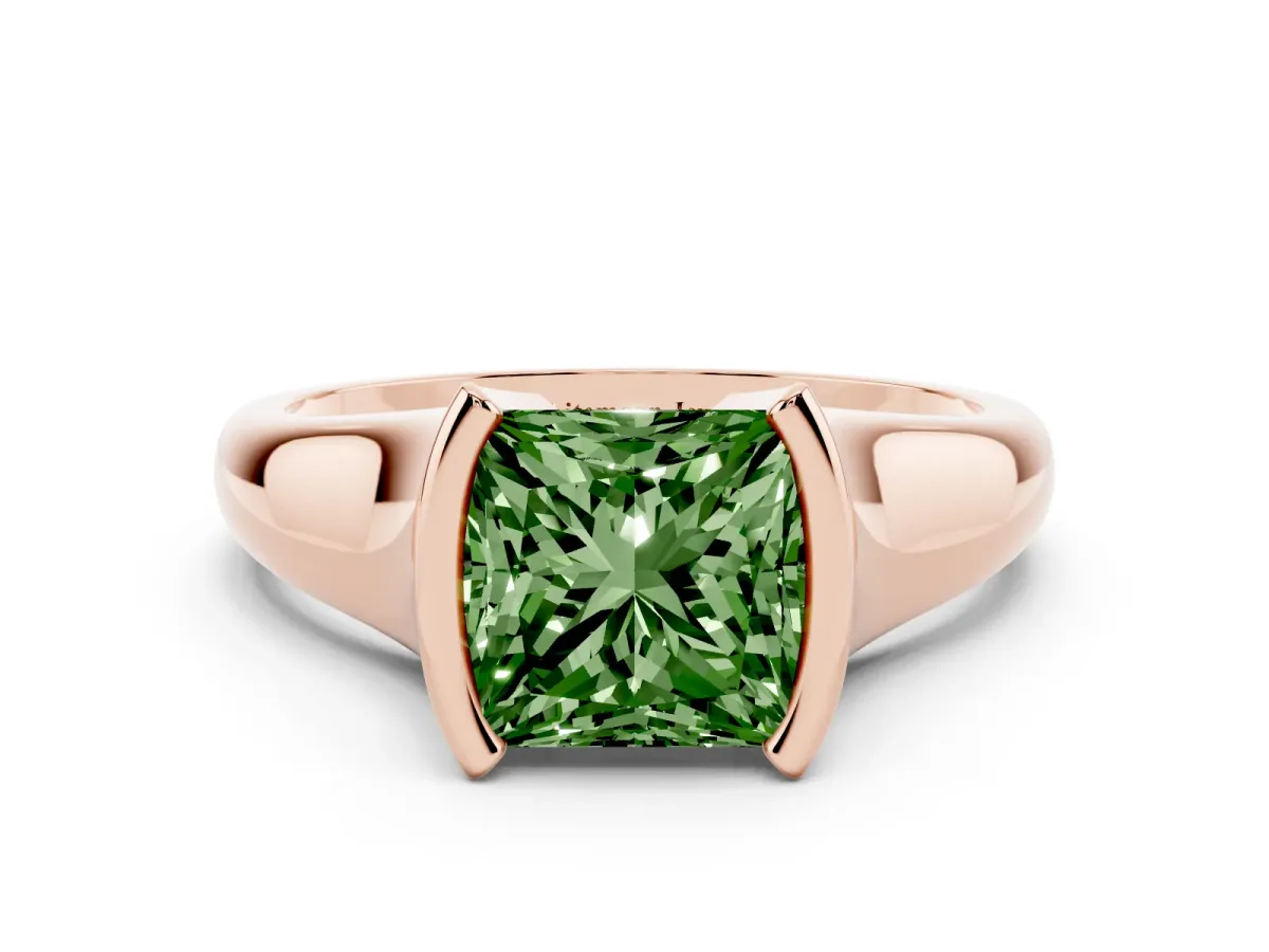 Fancy Green Princess Cut Solitaire Tension Set Diamond Ring with Split Shank Band Rose gold