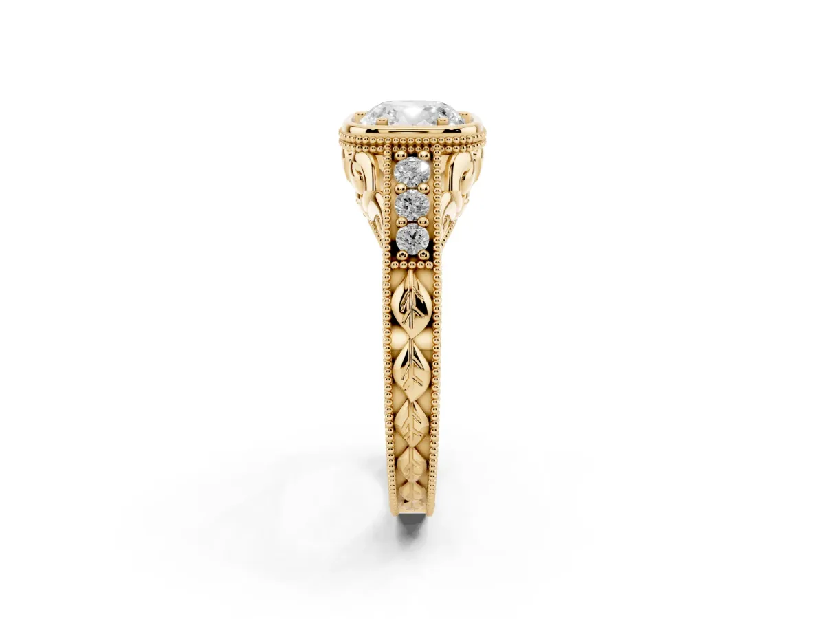 Bezel Set Cushion Cut Diamond Milgrain Pave Engagement Ring Yellow gold