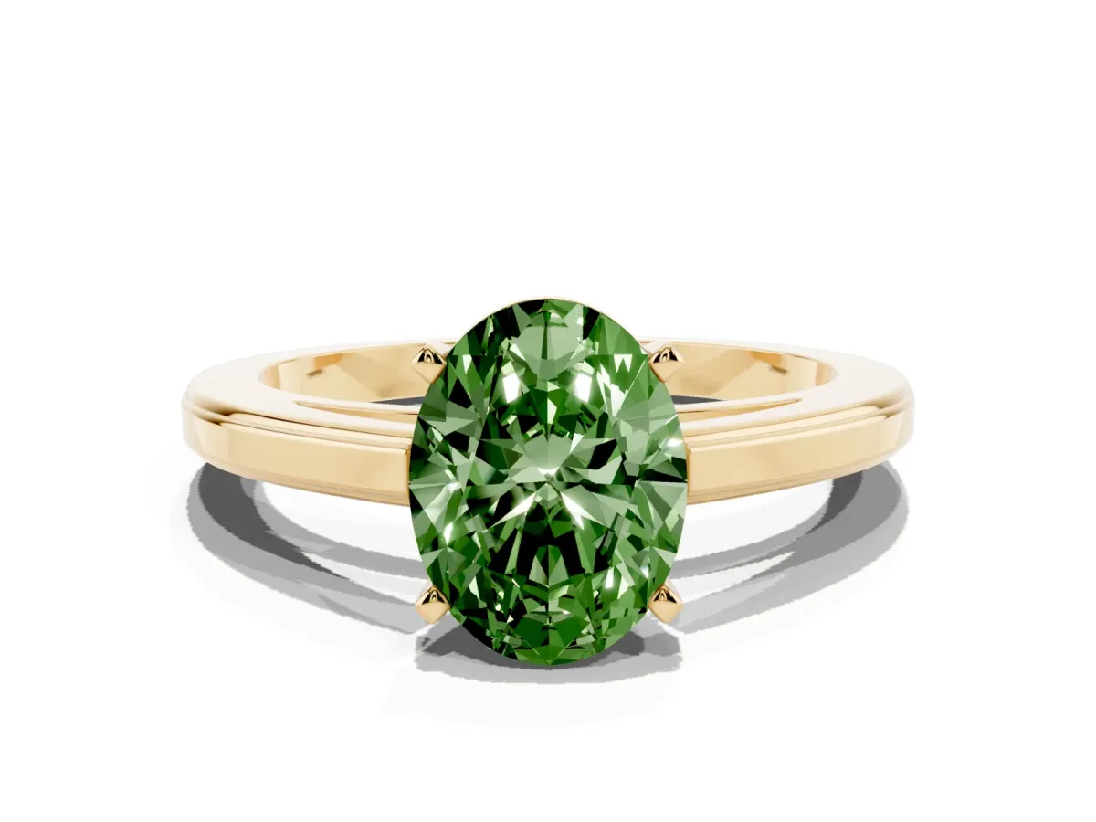 Fancy Green Oval Cut Solitaire Diamond Ring with Four-Prong Setting and Classic Band Yellow gold