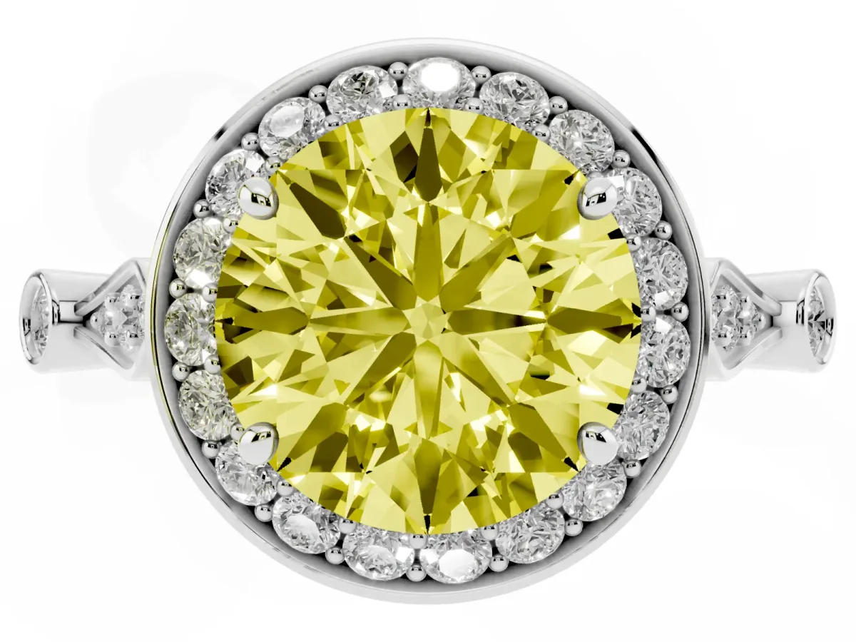 Fancy Yellow Round Cut Halo Diamond Engagement Ring with Twisted Band and Four-Prong Setting Platinum