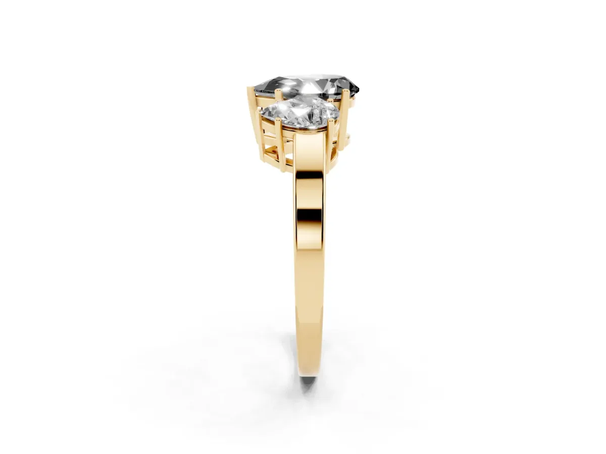 Fancy Black Three-Stone Pear Cut Cut Diamond Engagement Ring with Flat Band and Four-Prong Setting Yellow gold