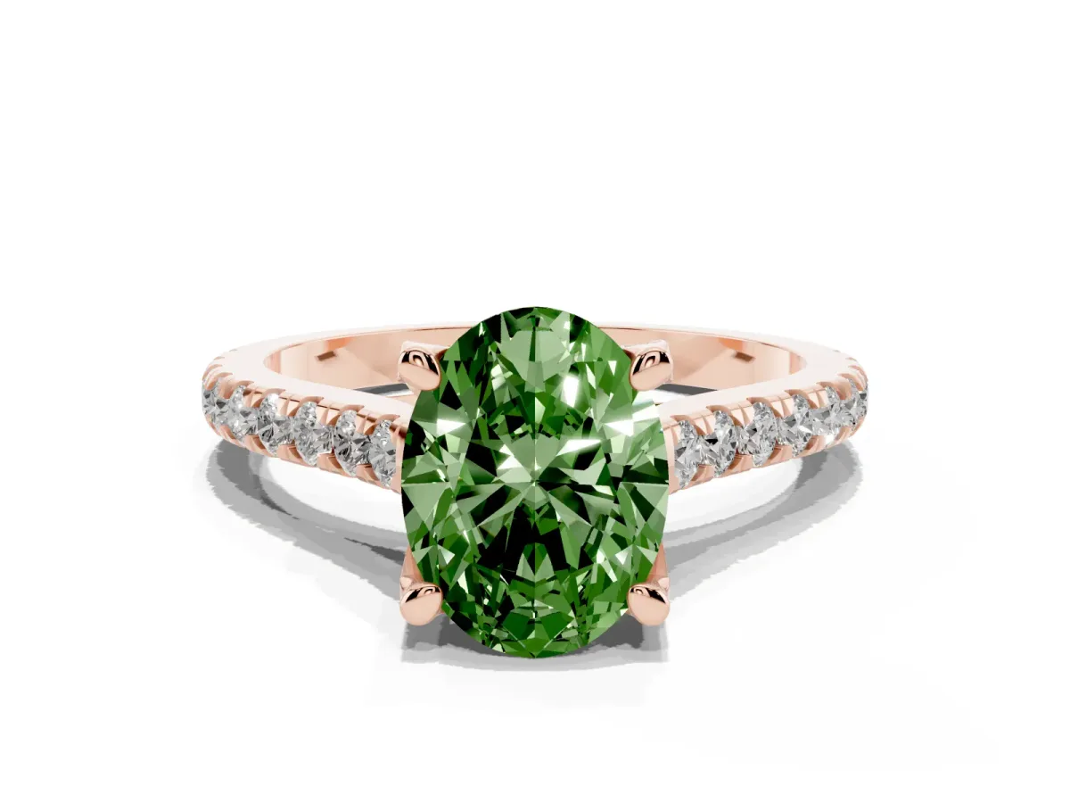Fancy Green Oval Cut Brilliant Diamond Solitaire with Pavé Band and Four-Prong Setting Rose gold
