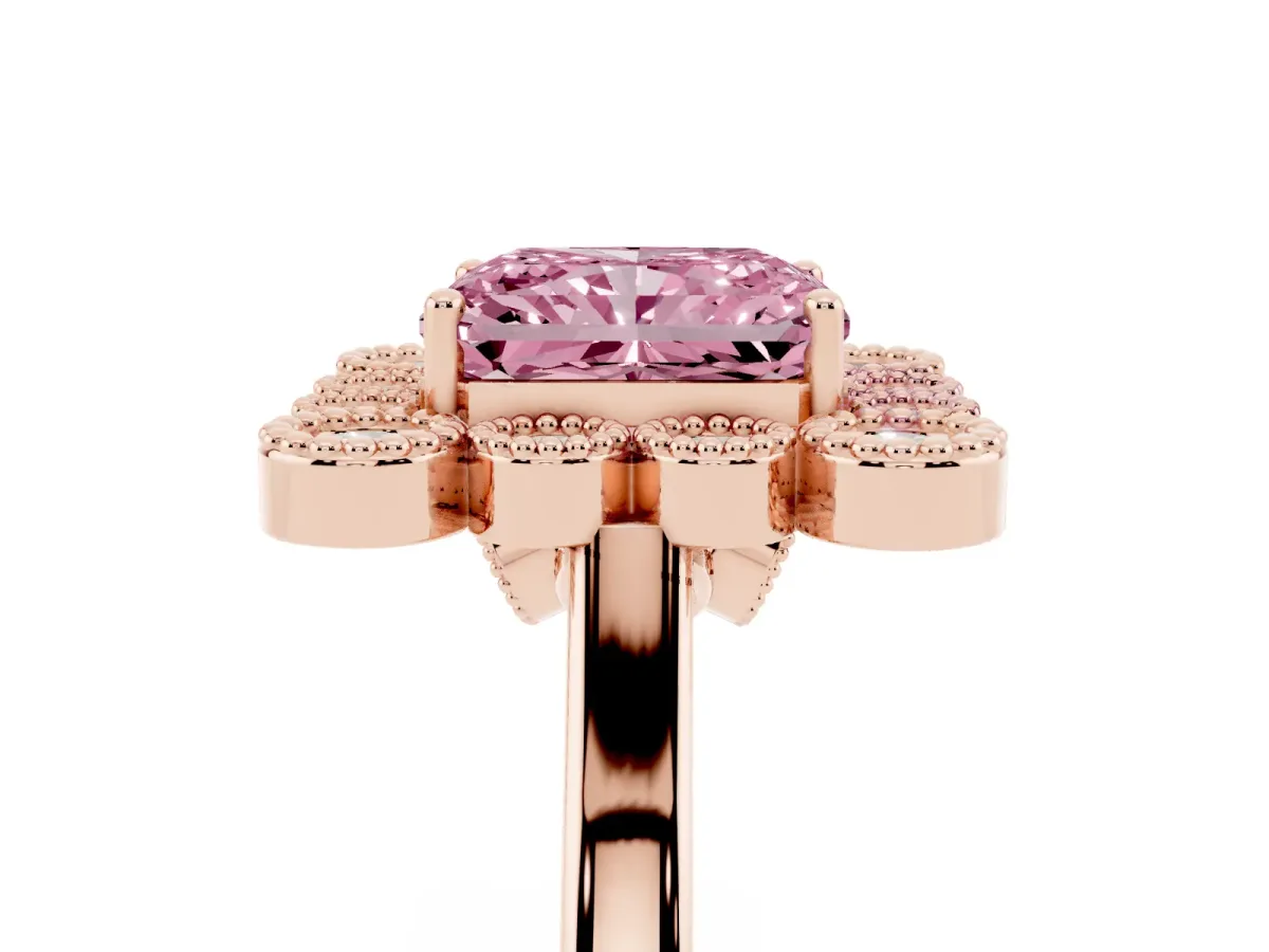 Fancy Pink Radiant Cut Halo Diamond Cluster Engagement Ring with Milgrain Bezel Setting and Solitaire Band Rose gold