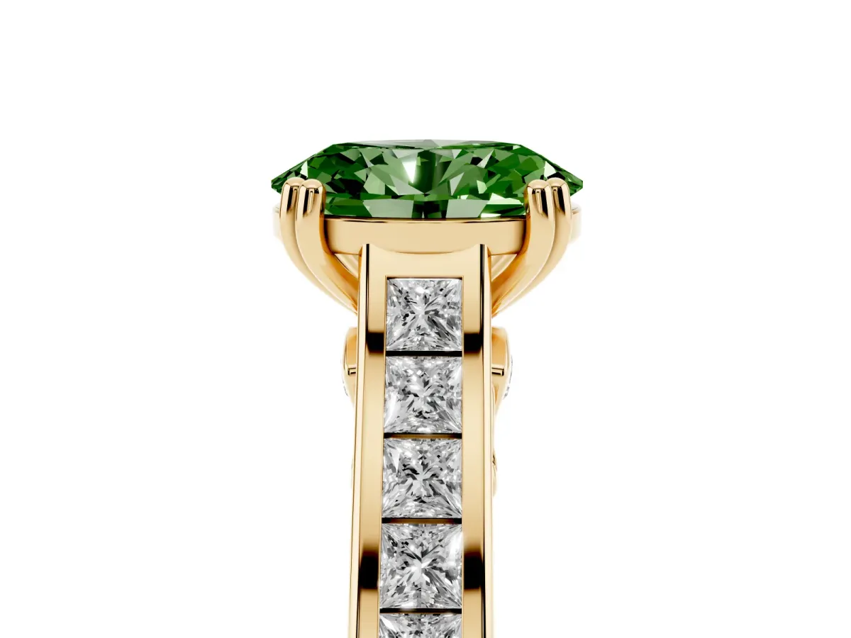 Fancy Green Oval Cut Cut Channel Set Solitaire Engagement Ring with Prong Setting Yellow gold