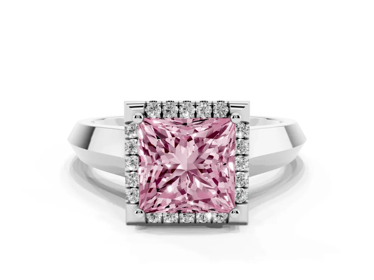 Fancy Pink Princess Cut Halo Diamond Ring with Cathedral Band and Four-Prong Setting Silver